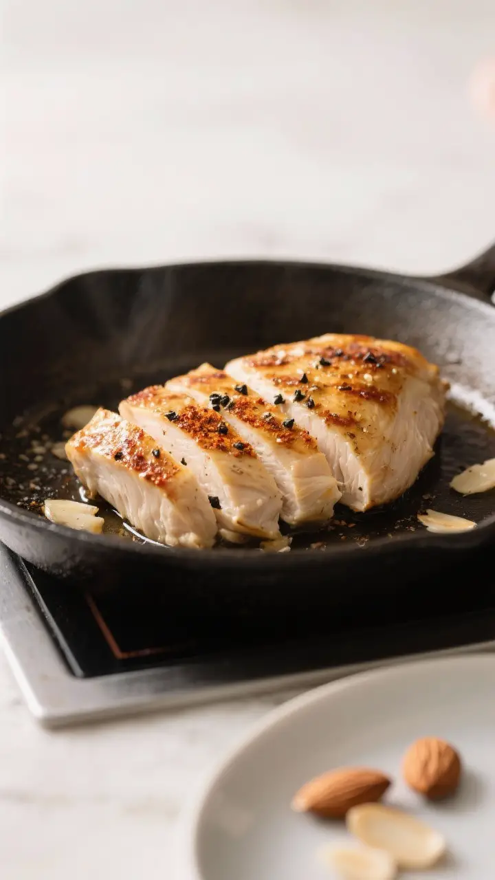 Cooking process close-up: Sliced, freshly cooked chicken breast resting on a warm skillet surface, s