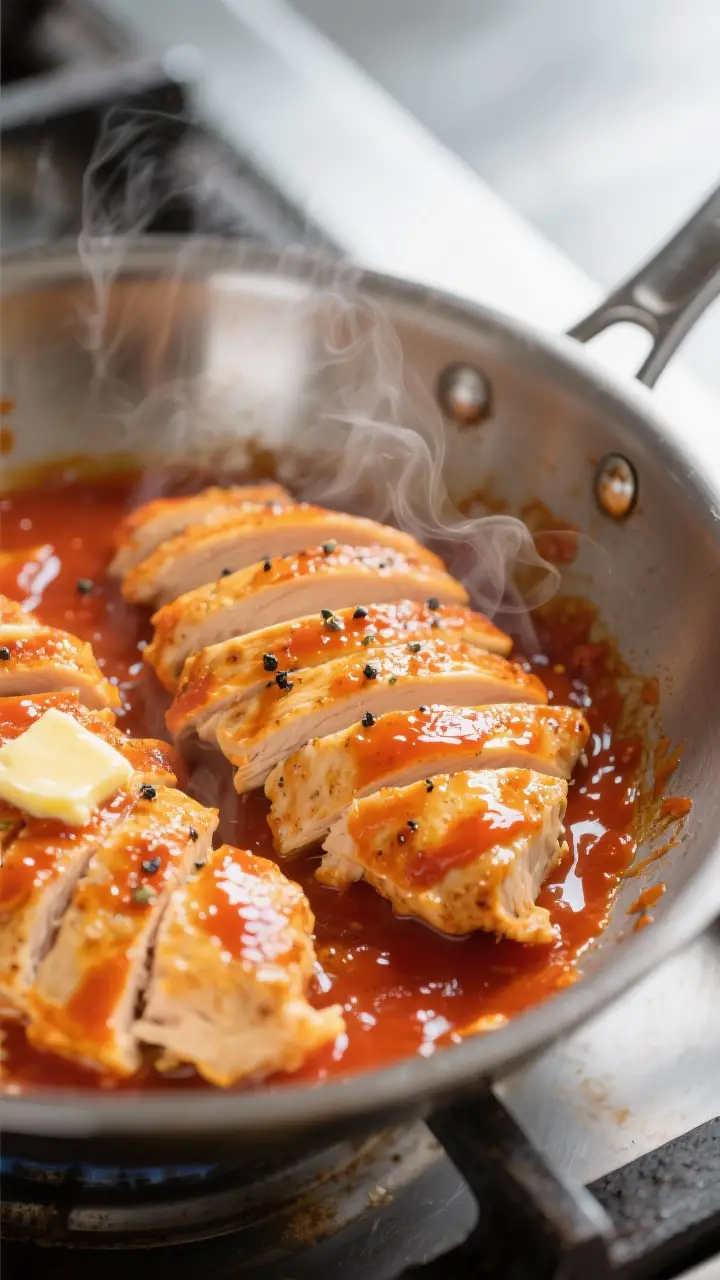 Cooking process close-up: Sliced, freshly seared chicken breast being tossed in a glossy Buffalo sau