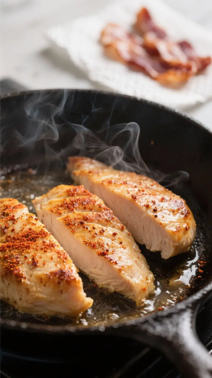 Cooking process close-up: Sliced, seasoned chicken breasts sizzling in a skillet in a thin sheen of