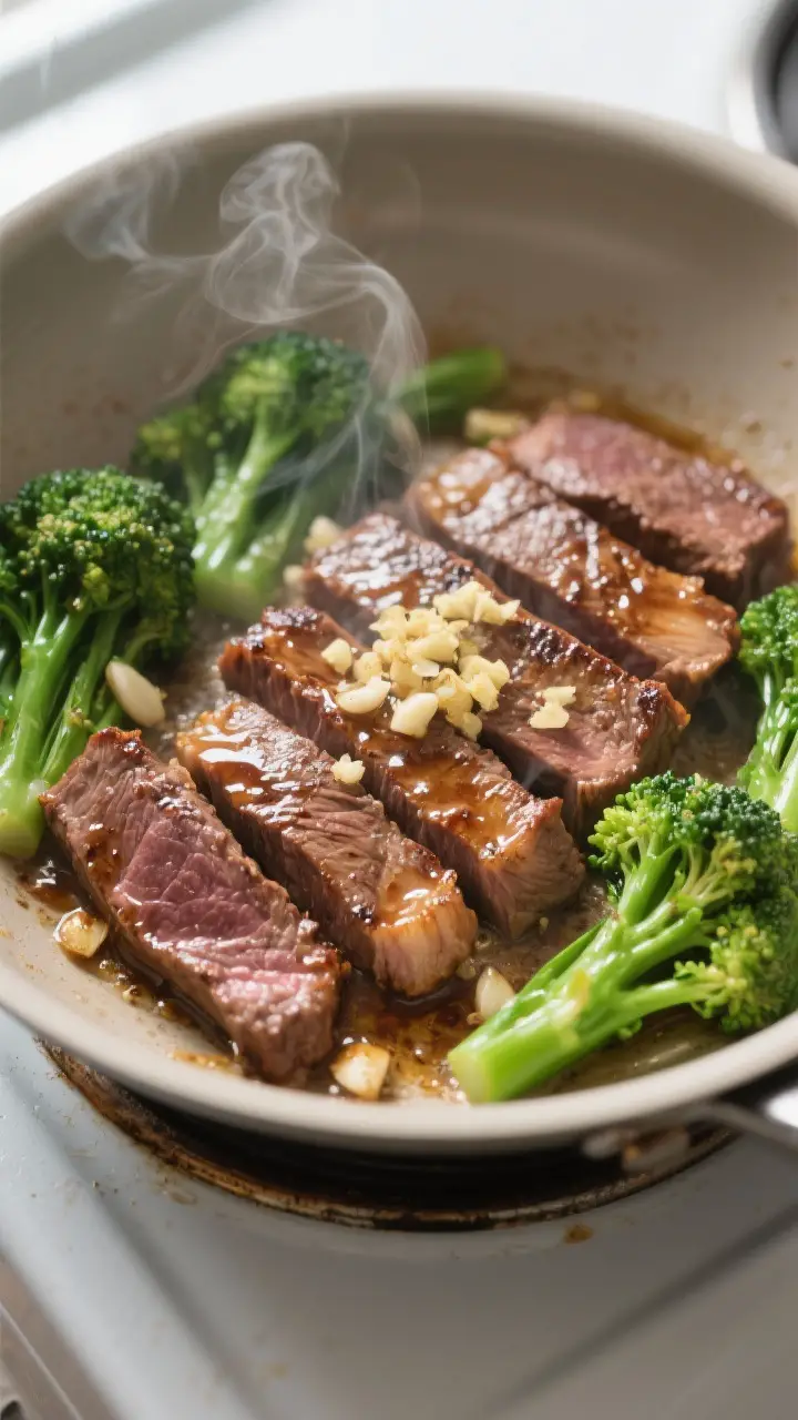 Cooking process close-up: Slices of seared flank steak in a large skillet at medium-high heat, edges
