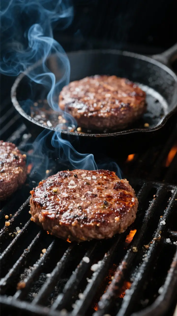 Cooking process close-up: Smoked burger patties on grill grates at 225–250°F, thin blue smoke waf