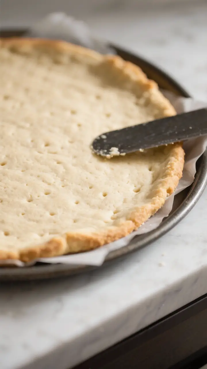 Cooking process close-up: Soft sugar cookie crust just out of the oven on a 12-inch pizza pan, edges