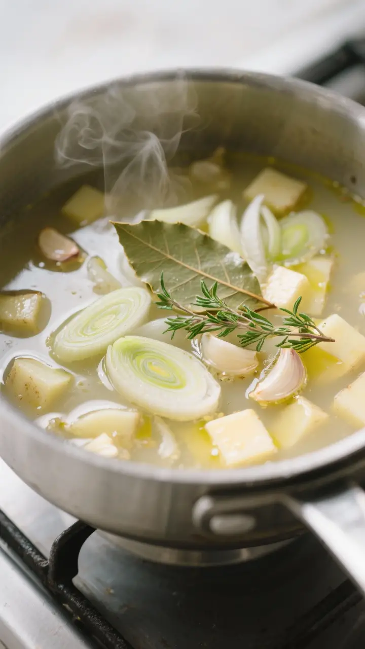 Cooking process close-up: Spring Onion Soup base gently sweating in a matte stainless pot—soft, gl
