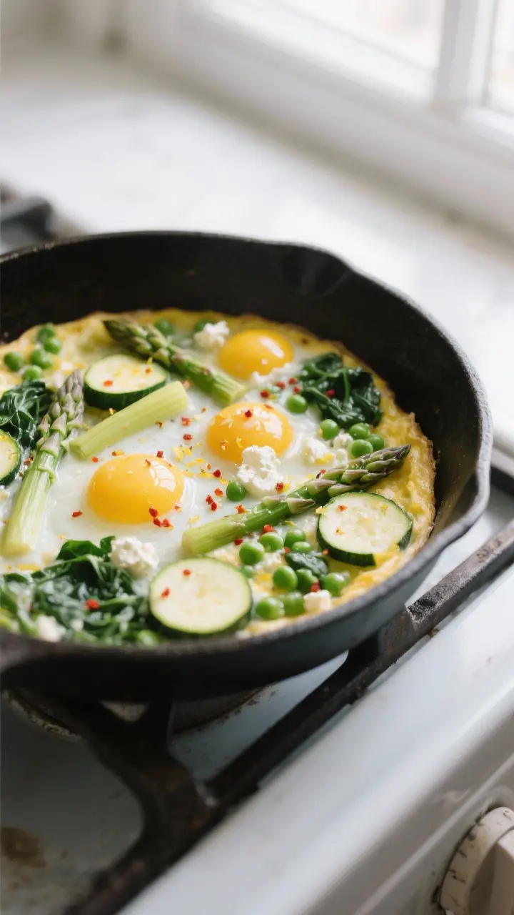 Cooking process close-up: Spring vegetable frittata setting on the stovetop in a 10-inch cast-iron s