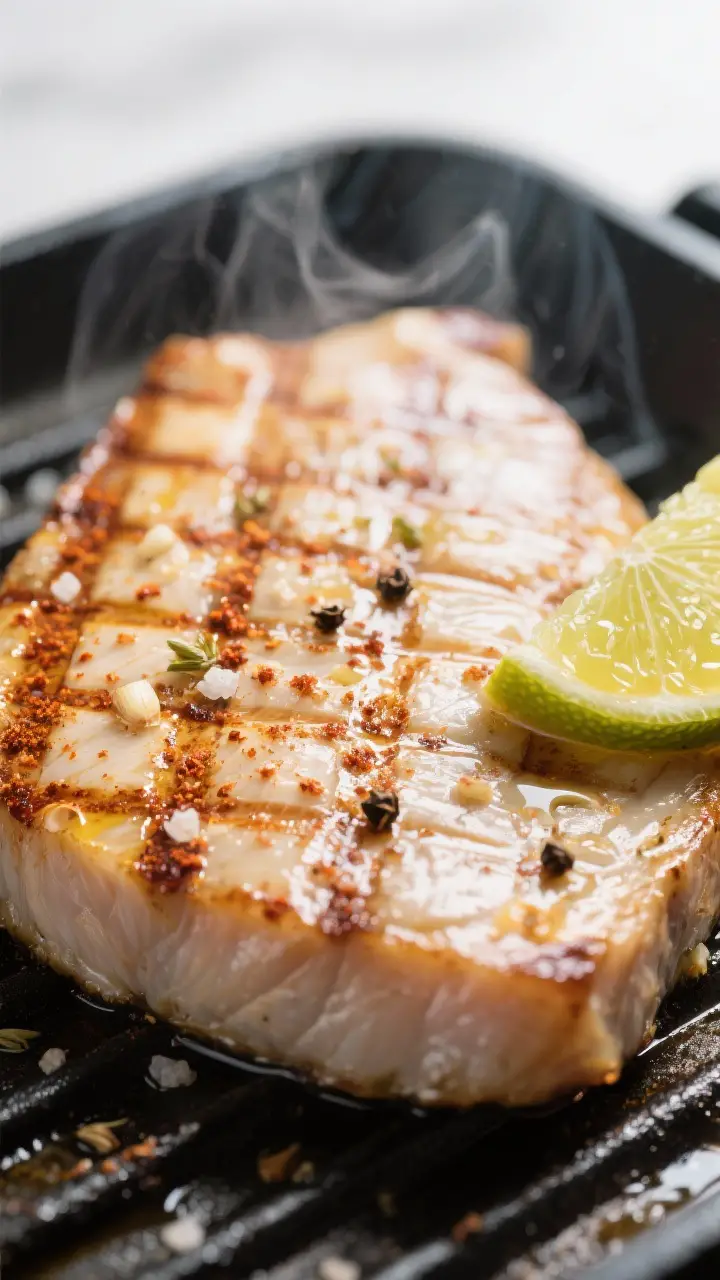 Cooking process close-up: Swordfish steak on a clean, well-oiled grill, perfect crosshatch grill mar