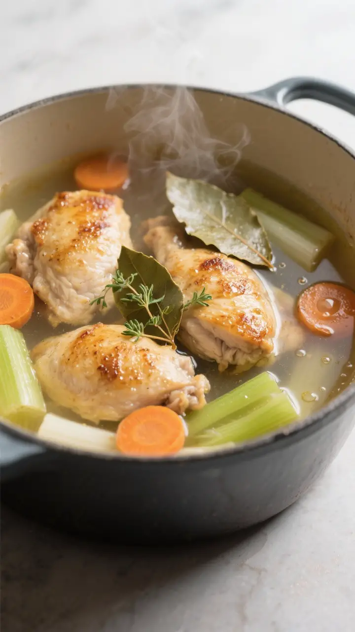 Cooking process close-up: Tender seared chicken pieces simmering in a clear, aromatic chicken stock 