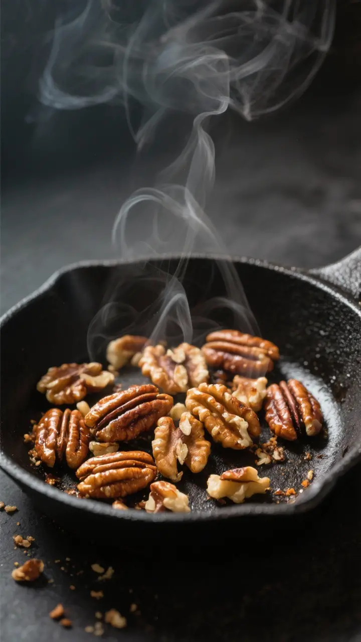 Cooking process close-up: Toasted nuts for spinach salad in a small black skillet, walnuts and pecan