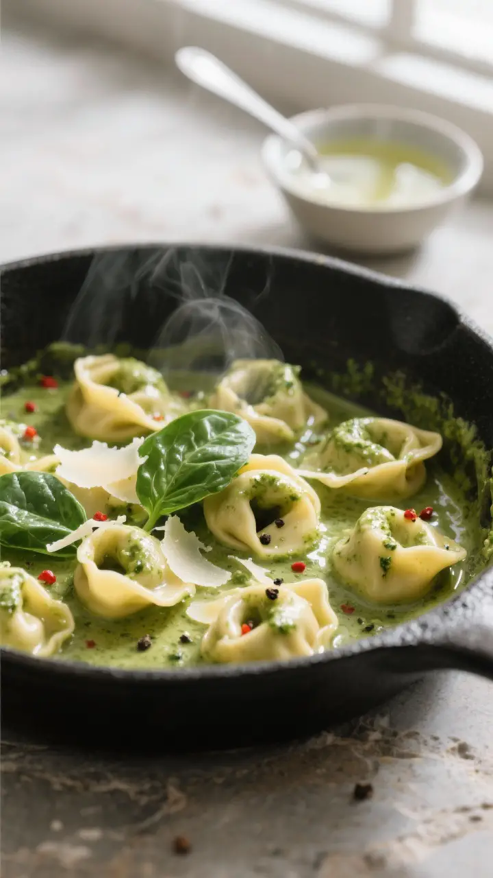 Cooking process close-up: Tortellini being tossed in a skillet with glossy pesto cream sauce, ribbon