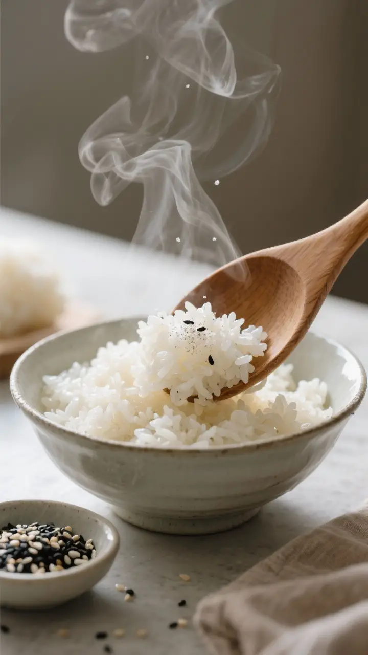 Cooking process close-up: Warm sushi rice being fluffed in a bowl right after cooking, steam rising,