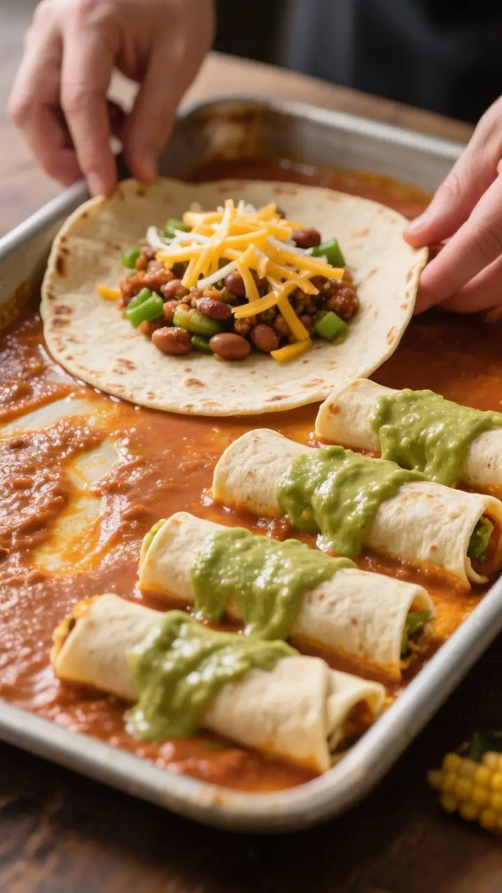 Cooking process: Corn tortillas being filled and rolled on a warm, sauce-slicked surface—each tort