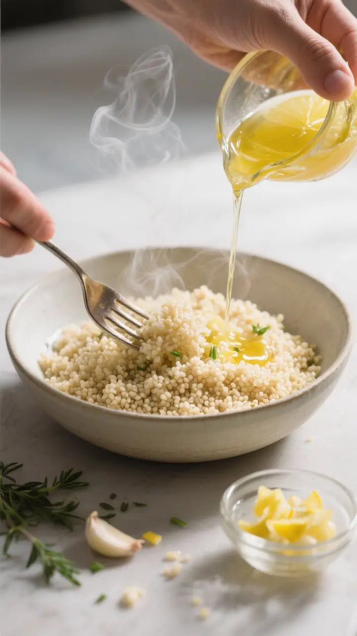 Cooking process: Fluffy couscous (or quinoa) being fluffed with a fork in a wide, shallow bowl, stea