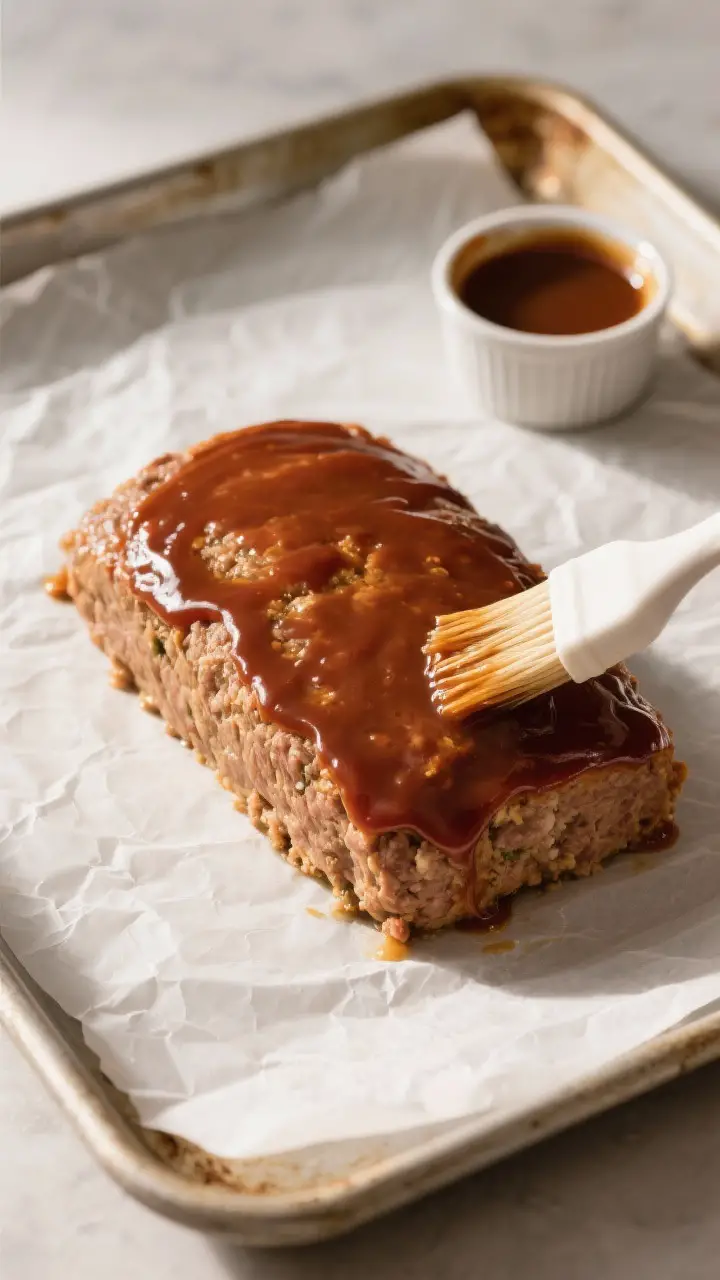 Cooking process: Free-form turkey meatloaf on a parchment-lined sheet pan mid-glaze step, a thick, e