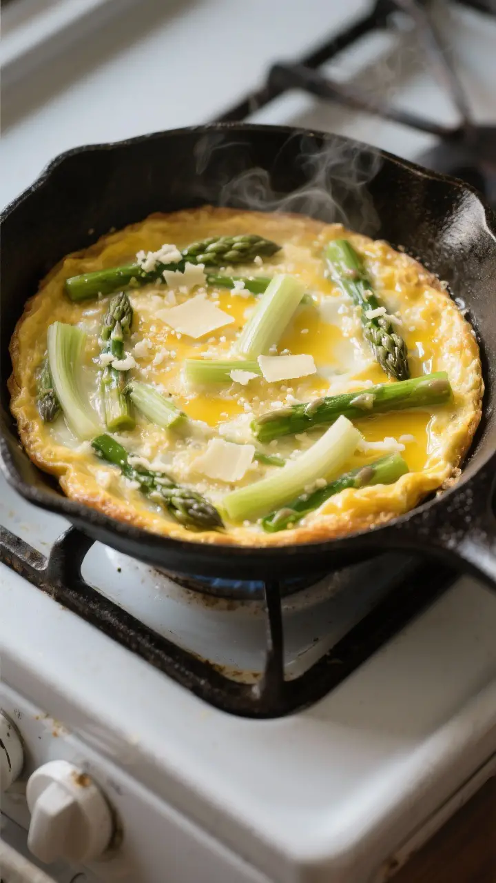 Cooking process: Frittata setting on the stovetop in a 10-inch cast-iron skillet, edges just beginni