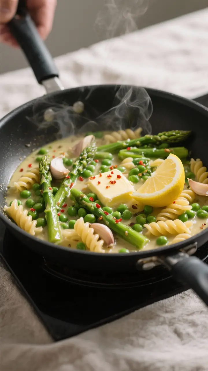 Cooking process — gemelli with spring vegetables and lemon: A wide skillet on the stovetop with gl