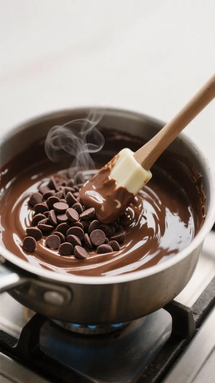 Cooking process — glossy melt: Close-up of melted semisweet chocolate chips and sweetened condense