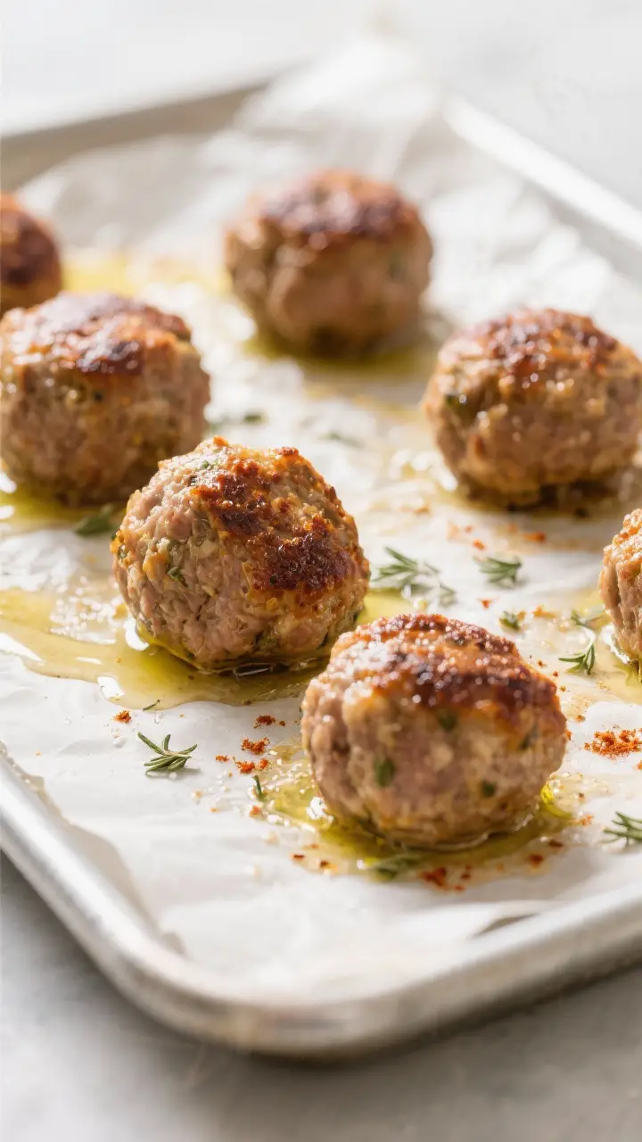 Cooking process: Greek meatballs sizzling on a parchment-lined sheet pan mid-bake at 425°F, golden-