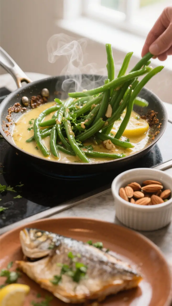 Cooking process: Green beans being tossed in the same skillet in the deglazed lemon-white wine butte