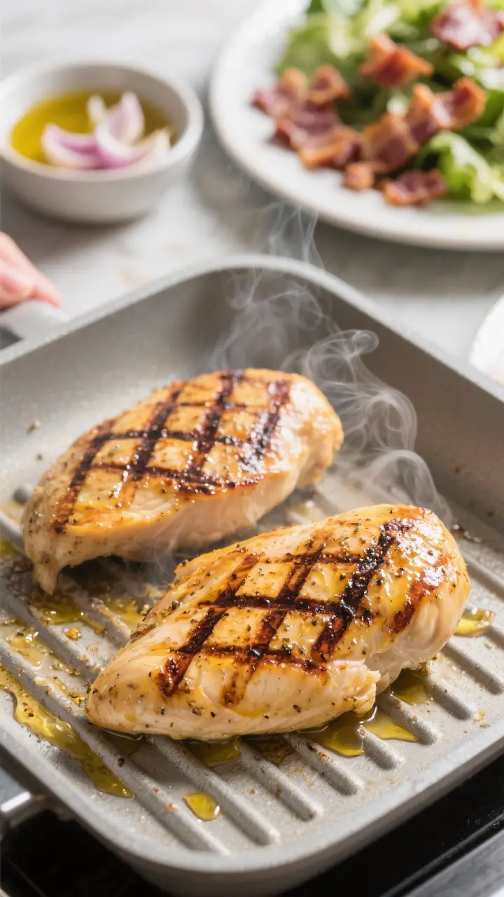 Cooking process, grill action: Grilled chicken breasts sizzling on a clean grill pan, distinct dark 