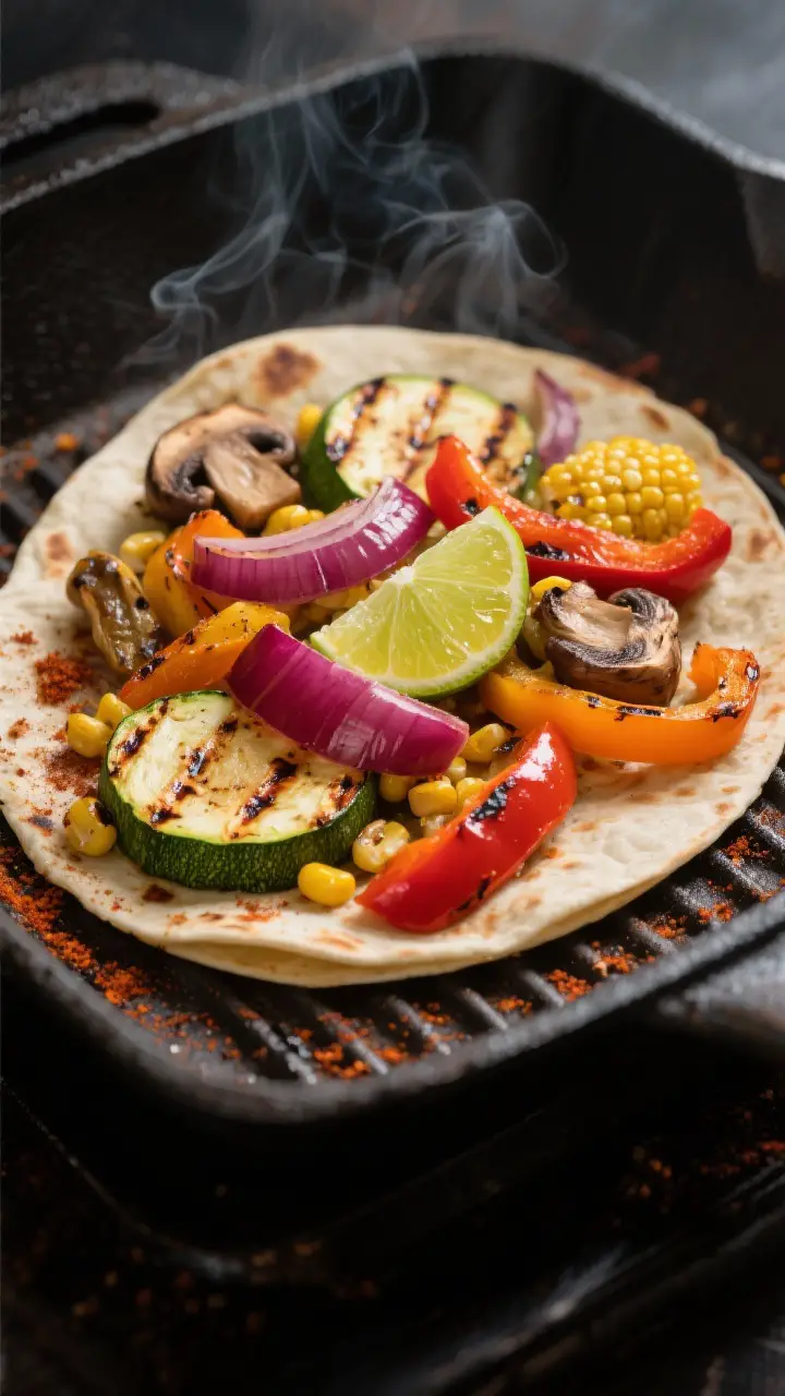 Cooking process, grill marks: Grilled vegetable quesadilla filling sizzling on a cast-iron grill pan
