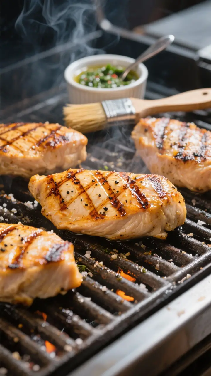 Cooking process, grill marks: Medium-high heat grill scene with boneless chicken breasts and thighs 
