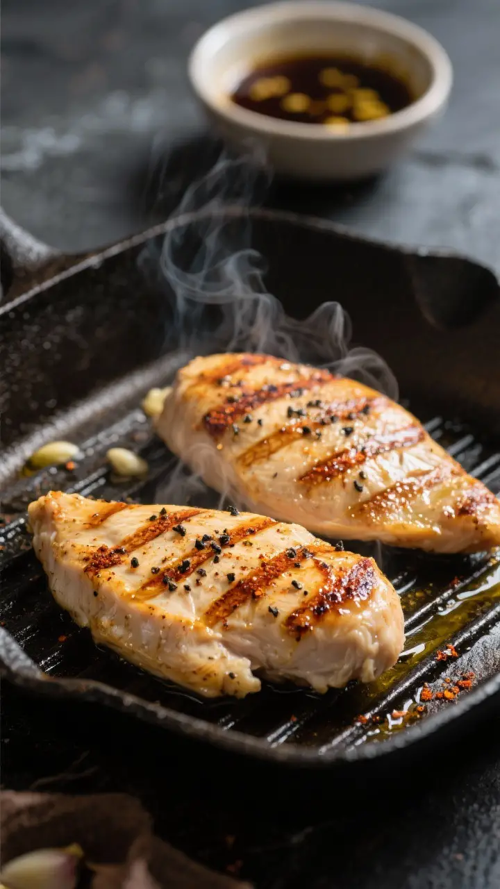 Cooking process — Grilled chicken on a preheated cast-iron grill pan, golden crosshatched grill ma