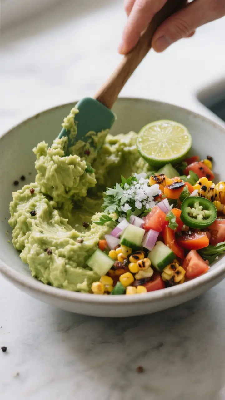 Cooking process: Guacamole being gently folded with a spatula in a wide, low bowl—creamy mashed av