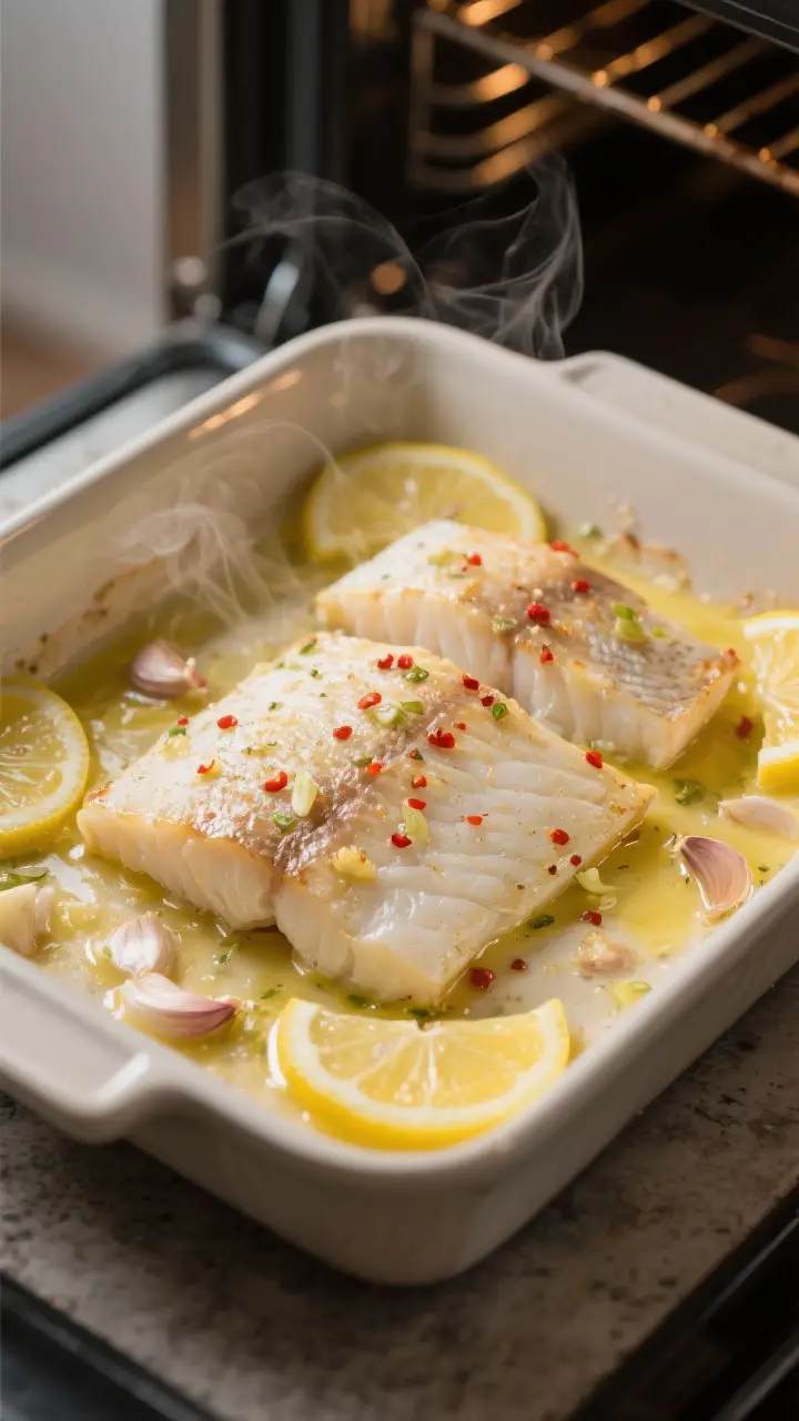 Cooking process: Halibut fillets in a lightly oiled baking dish mid-bake at 400°F, captured through