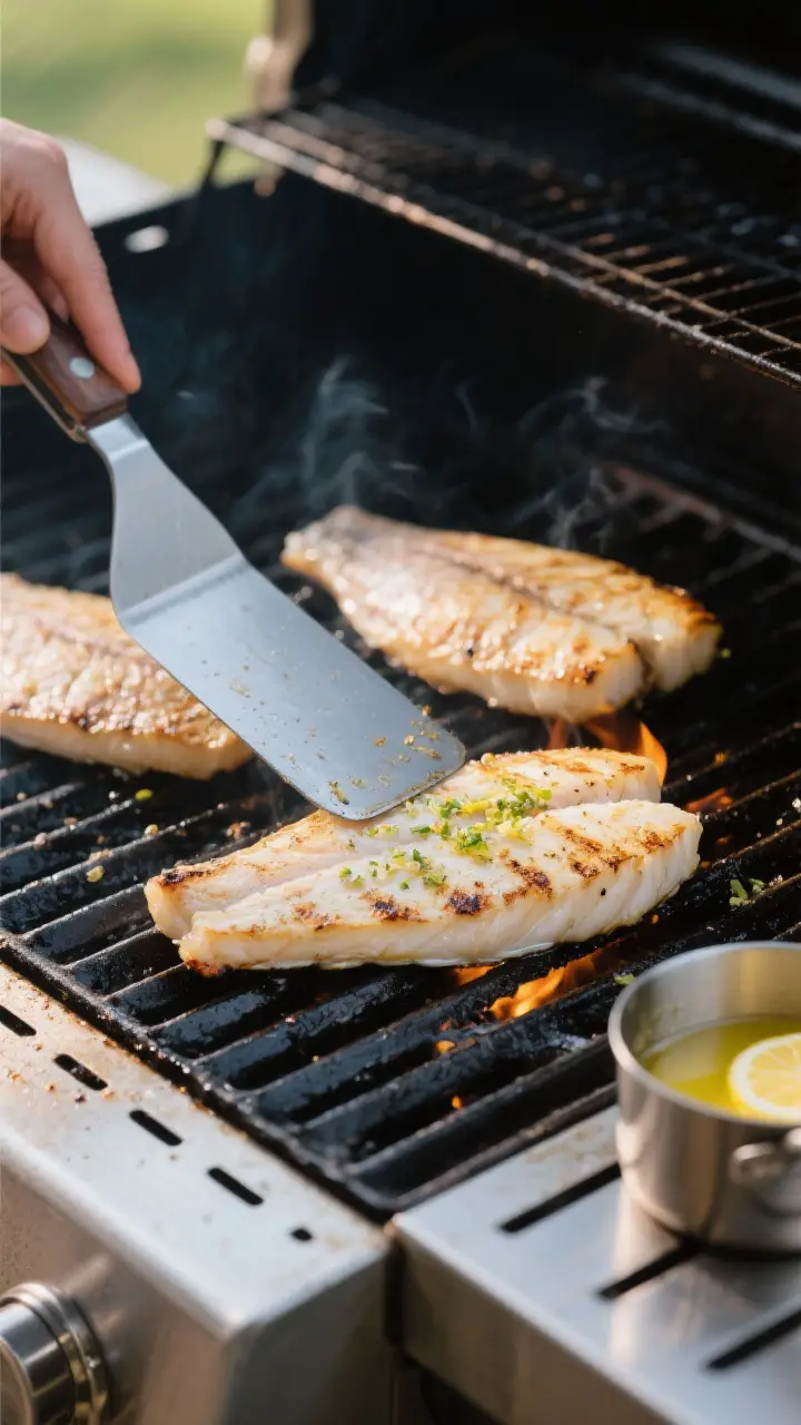 Cooking process: Halibut fillets on a hot, well-oiled grill, skin-side down, lid open; surface light