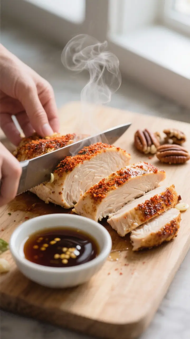 Cooking process: Juicy chicken breasts being sliced after resting, showing a perfectly seared, papri