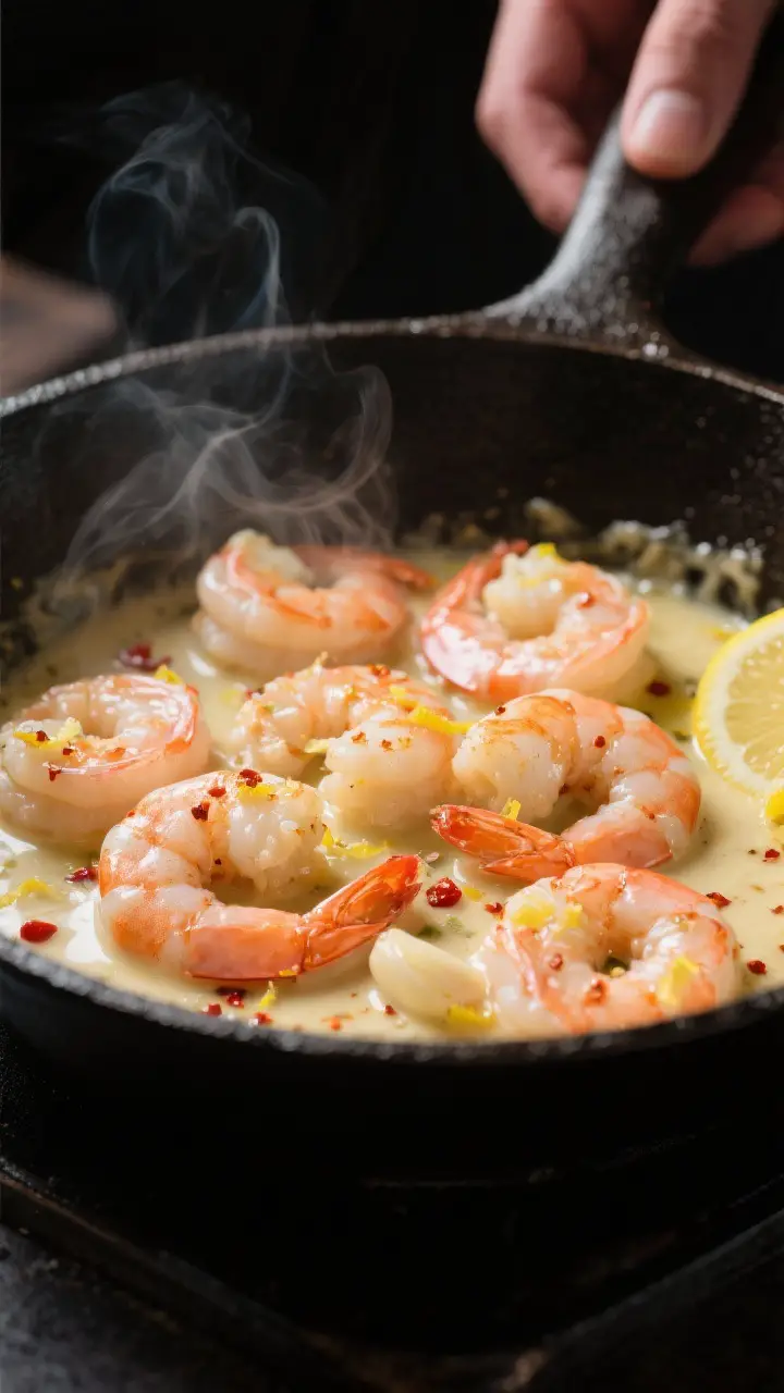 Cooking process: Juicy shrimp sizzling in a skillet, just turned pink and opaque, coated in a glossy