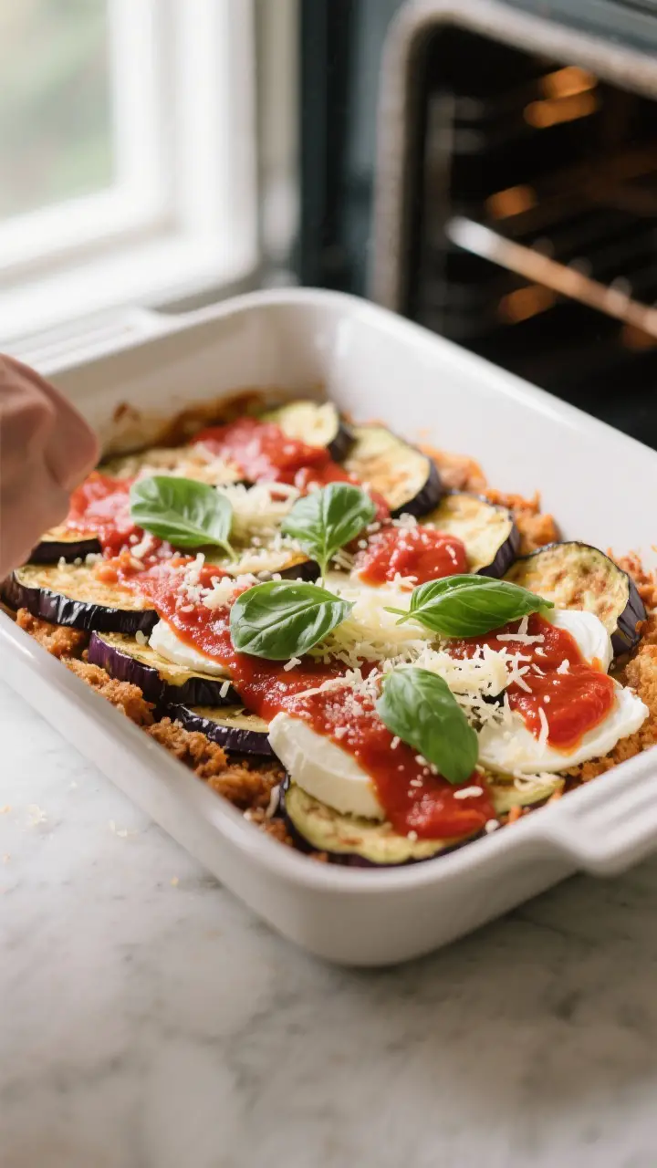 Cooking process: Layering Eggplant Parmesan in a 9x13 baking dish—overhead shot capturing a neat l