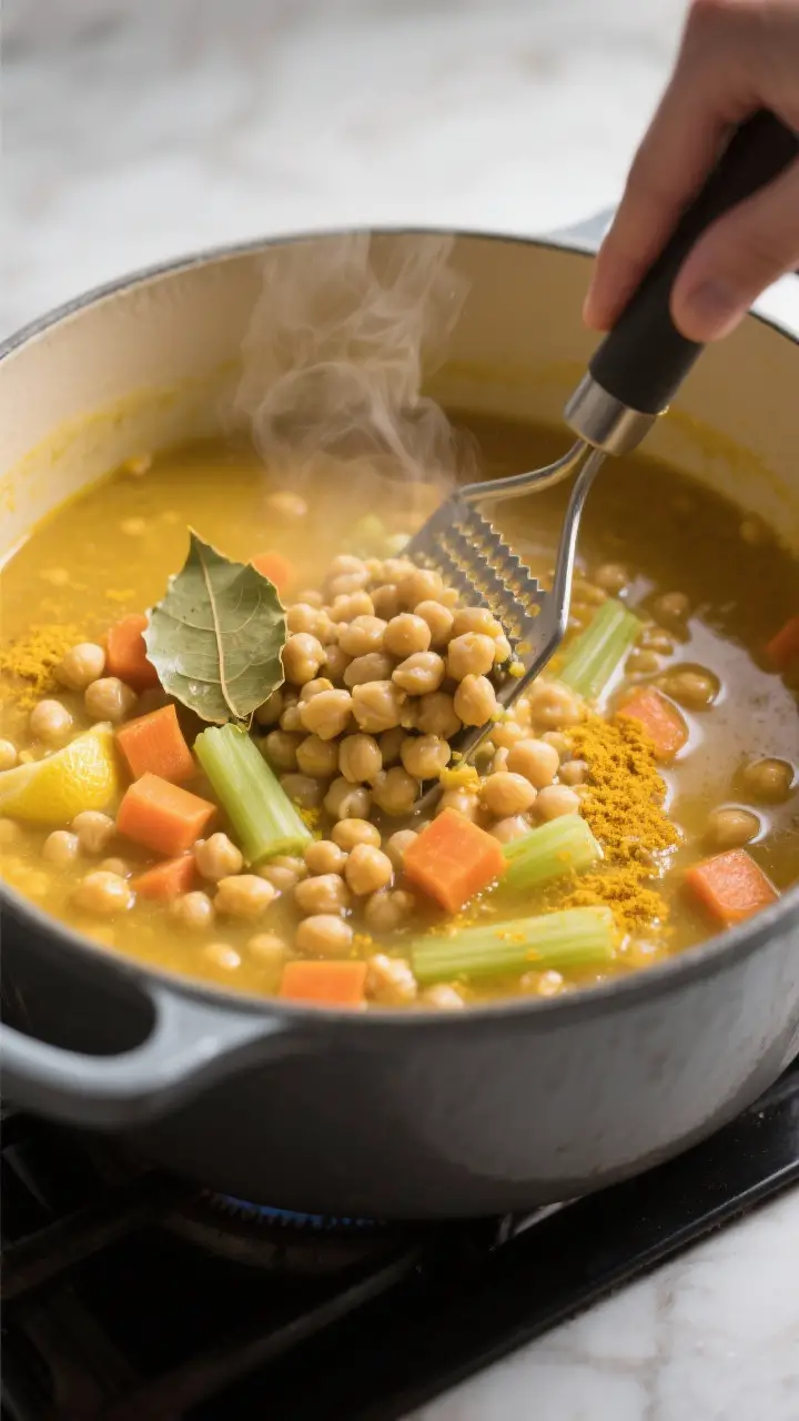 Cooking process — Lemon Chickpea Soup mid-simmer: a wide, heavy pot on the stovetop with the soup 