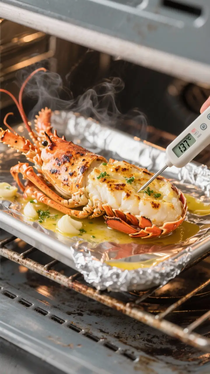 Cooking process: Lobster tails under the broiler on a foil-lined sheet pan, meat-side up, with garli