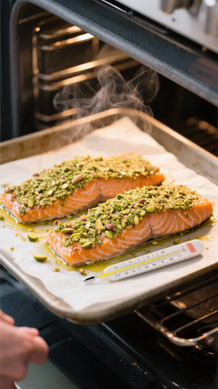 Cooking process: Mid-bake-to-finish moment of the salmon under the broiler for extra color—pistach