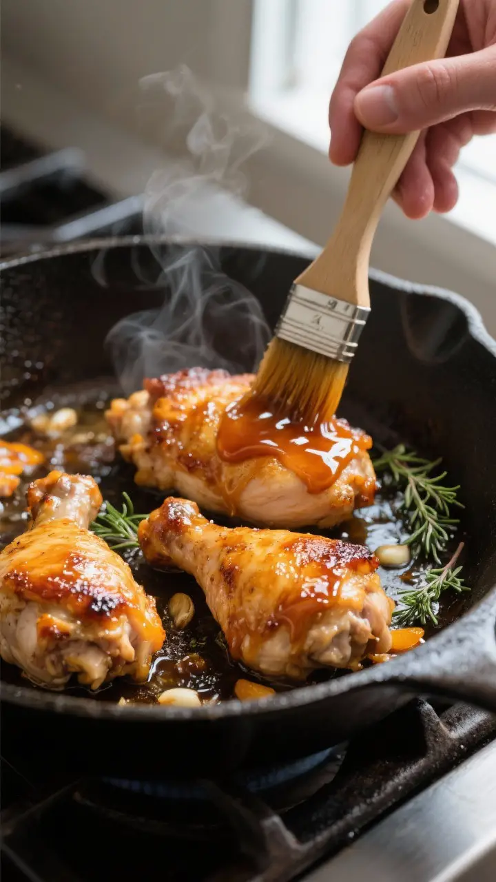 Cooking process: Mid-baste action shot of cooked chicken thighs on a large oven-safe skillet, showin