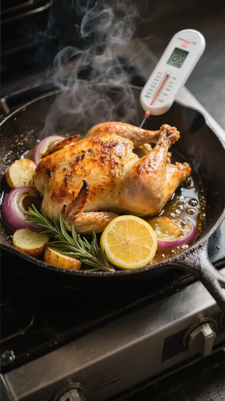 Cooking process: Mid-roast scene of the chicken at the 20-minute mark, skin visibly beginning to bli