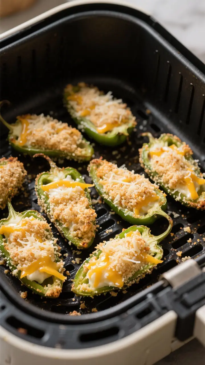 Cooking process moment: Filled jalapeno halves arranged in a single layer in the preheated air fryer