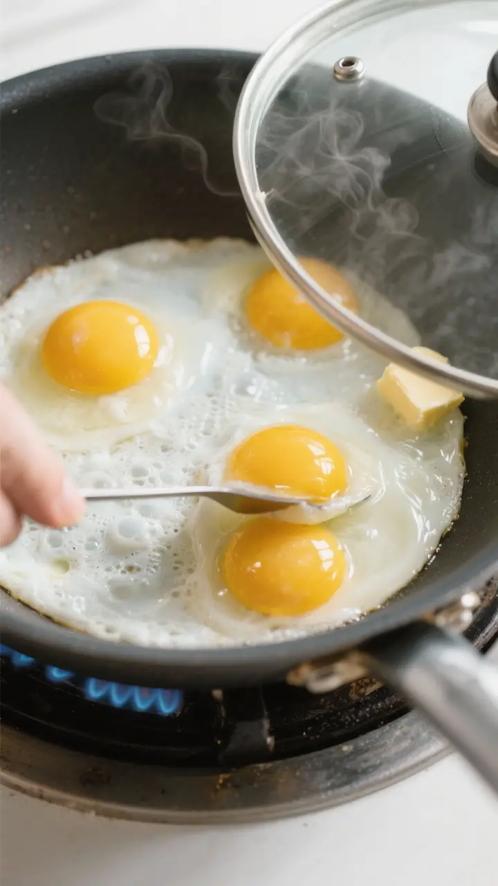 Cooking process moment: Overhead action shot of over easy eggs setting in a butter-coated skillet wi