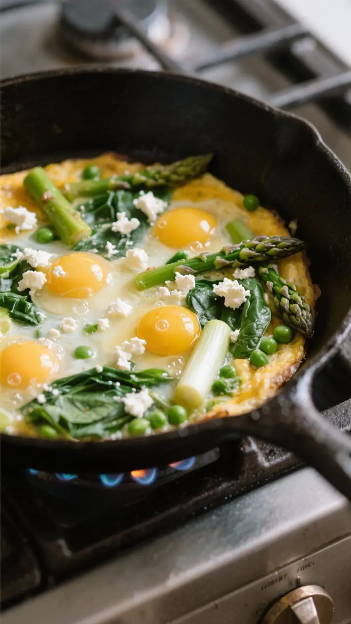 Cooking process: On-stovetop scene of the frittata setting before the oven step—vegetables evenly 