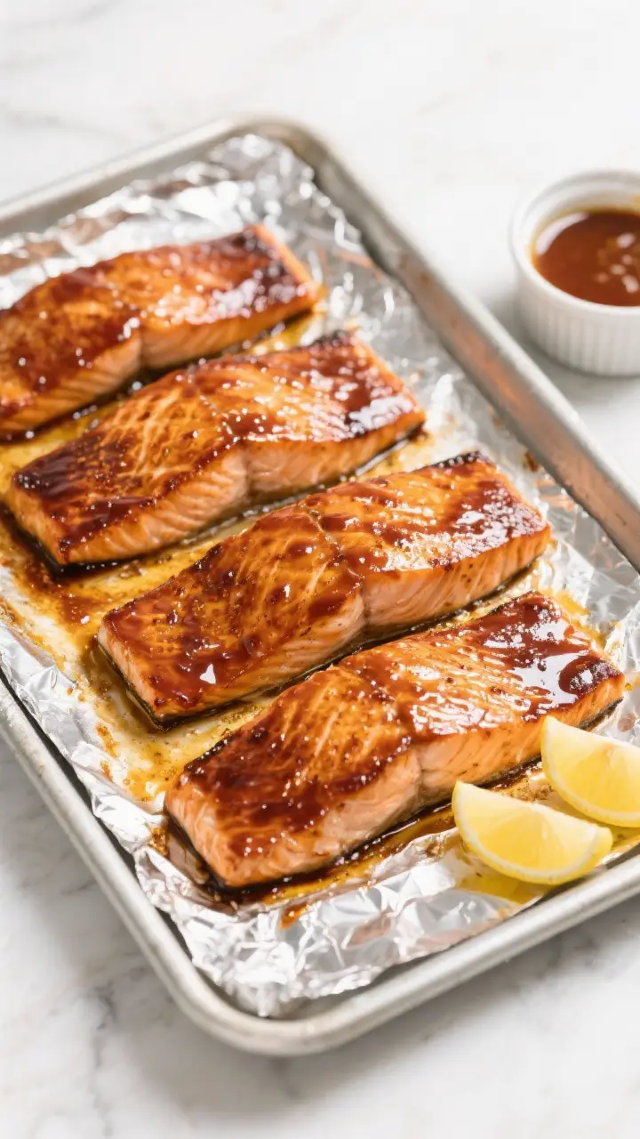 Cooking process: Oven-baked BBQ salmon on a foil-lined sheet pan at the broil-finishing stage, four 