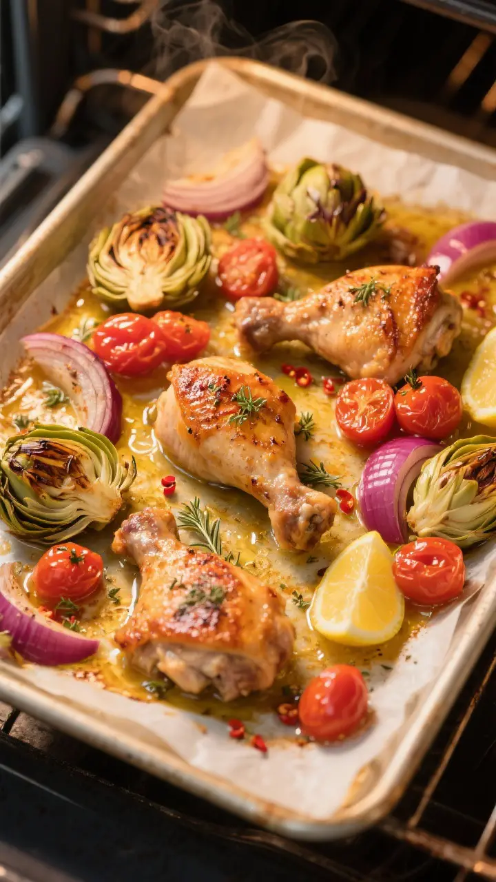 Cooking process, overhead: Sheet pan chicken thighs with artichokes and tomatoes roasting at 425°F,