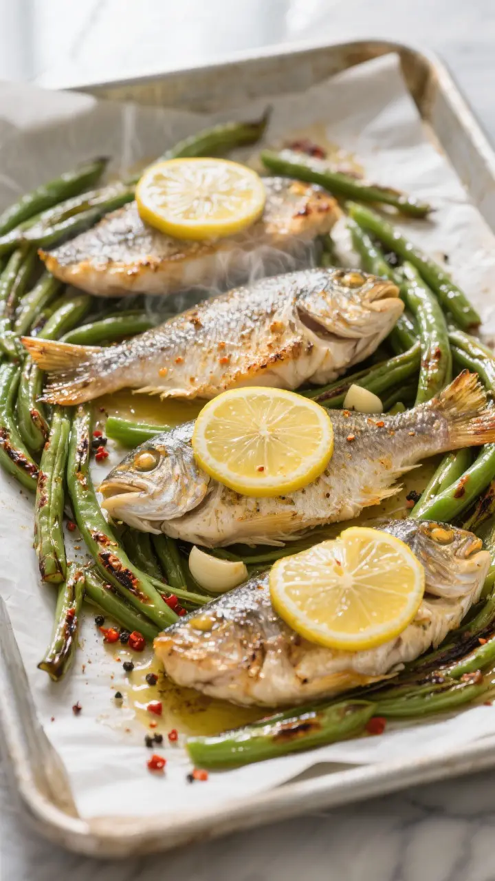Cooking process, overhead: Sheet pan tilapia with lemon and green beans mid-roast, overhead shot at 