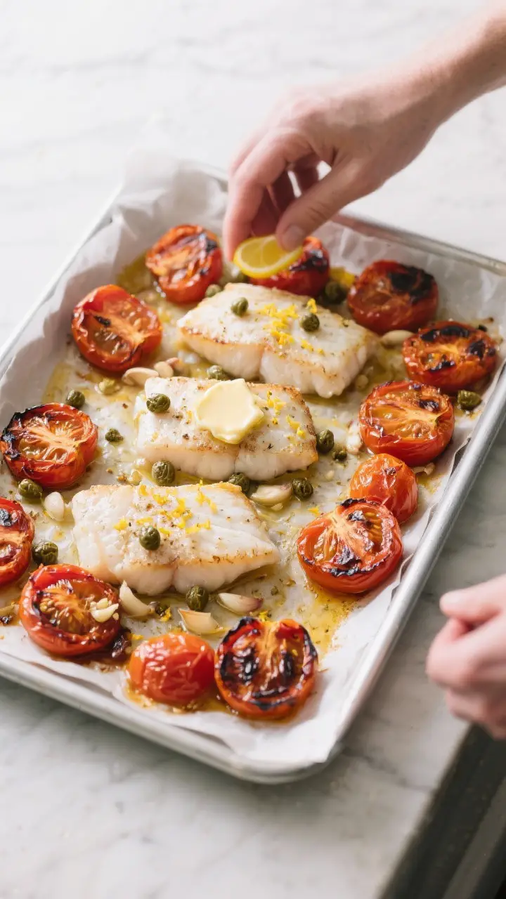 Cooking process: Overhead shot mid-roast as the cod fillets are added among pre-roasted, blistered t