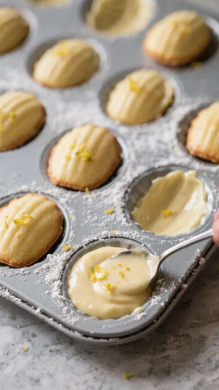 Cooking process: Overhead shot of a chilled, buttered-and-floured madeleine pan being filled with th