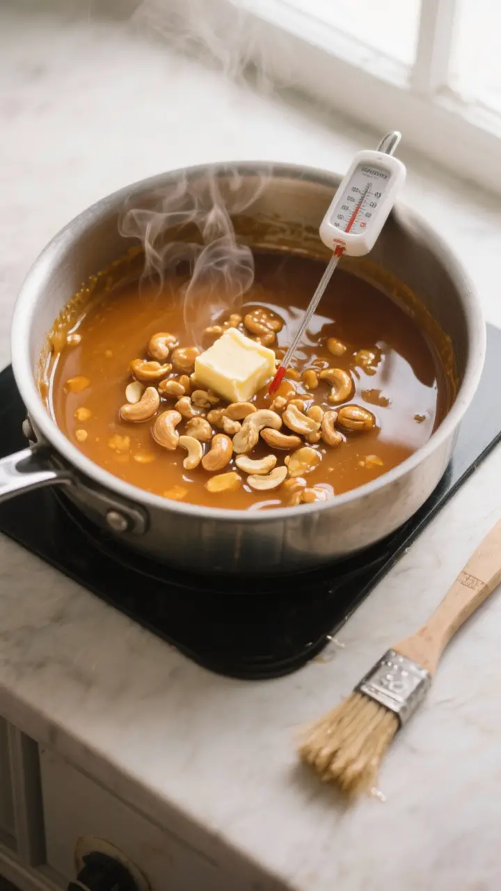 Cooking process: Overhead shot of a heavy-bottomed saucepan at hard crack stage (300°F) off heat, c