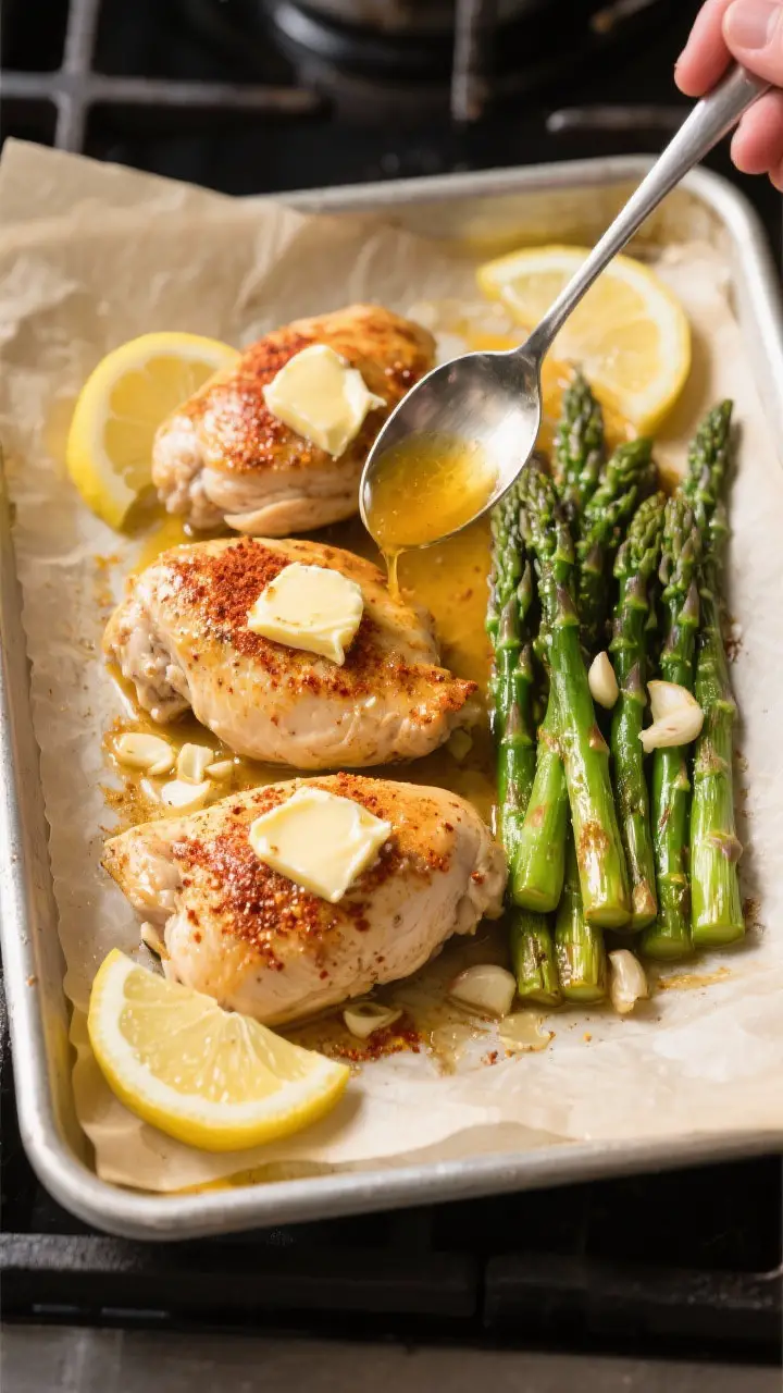 Cooking process: Overhead shot of a hot sheet pan mid-roast at the 10-minute mark—chicken dotted w