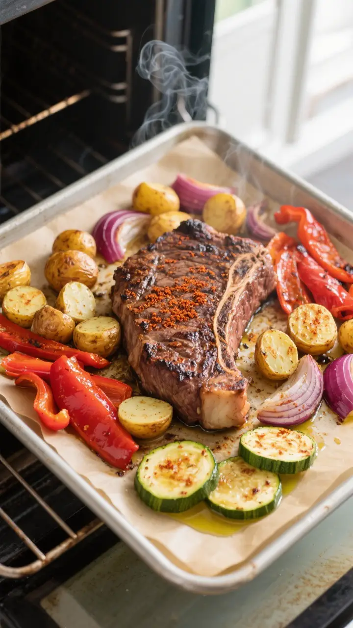 Cooking process: Overhead shot of a hot sheet pan just pulled from the oven, cooked vegetables arran