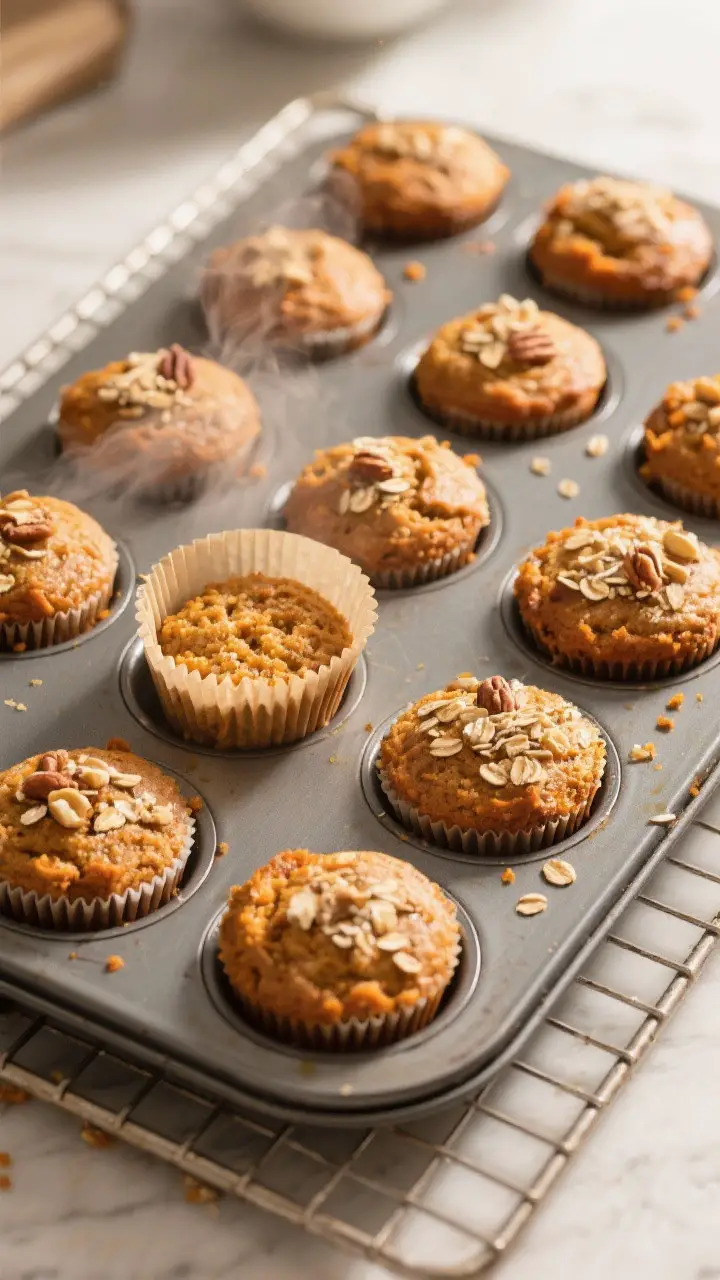 Cooking process: Overhead shot of a muffin tin fresh from the oven, 12 baked carrot cake muffins wit