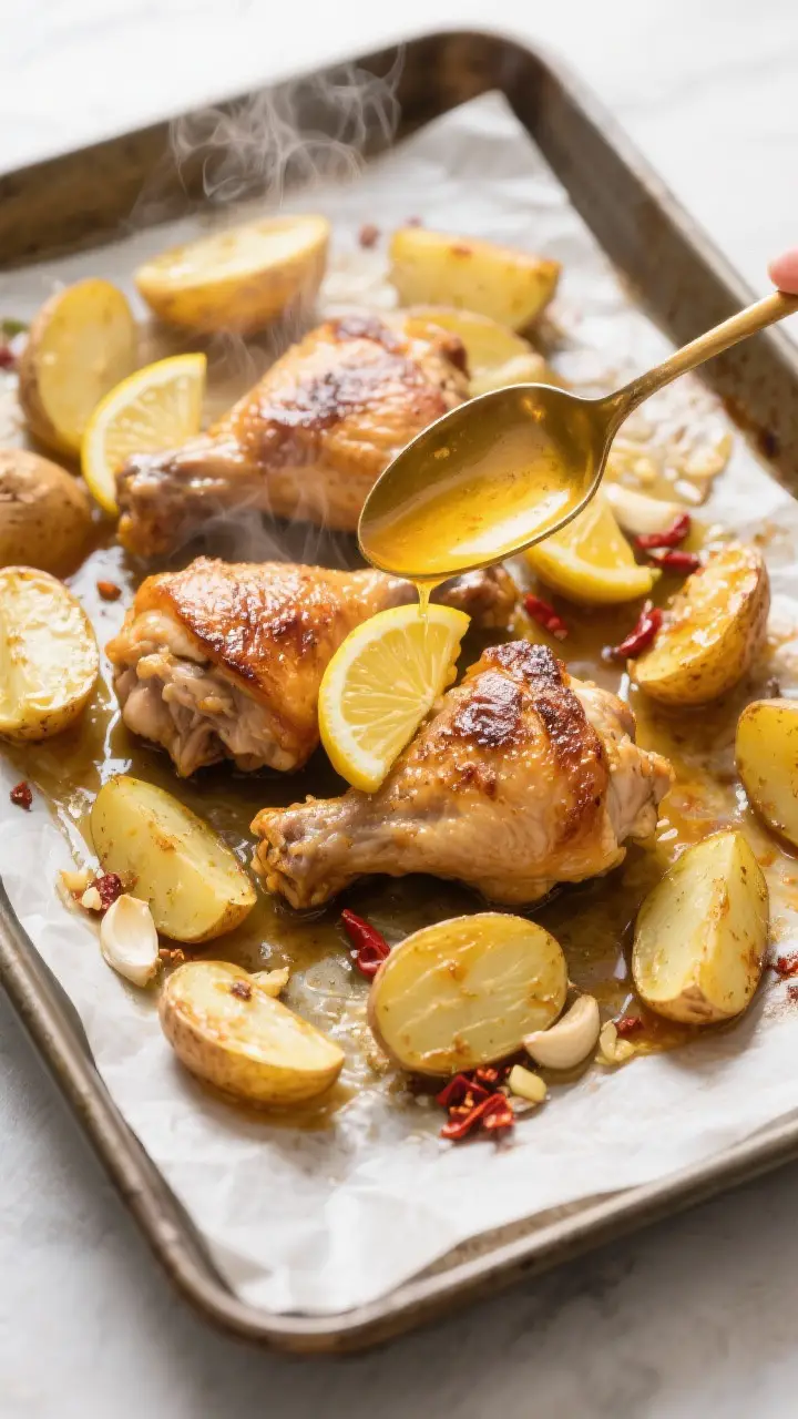 Cooking process: Overhead shot of a parchment-lined sheet pan midway through roasting at 425°F—ch