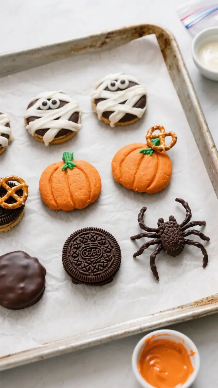 Cooking process: Overhead shot of a parchment-lined baking sheet with a neat grid of Halloween Choco